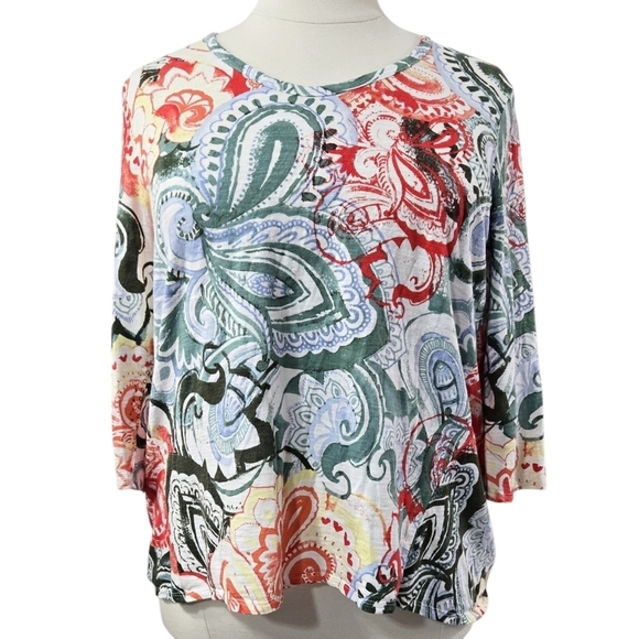 Chico's Red Green Zinnia Paisley Cotton Blend Slub 3/4 Sleeve Tee Boho Colorful - Picture 1 of 9